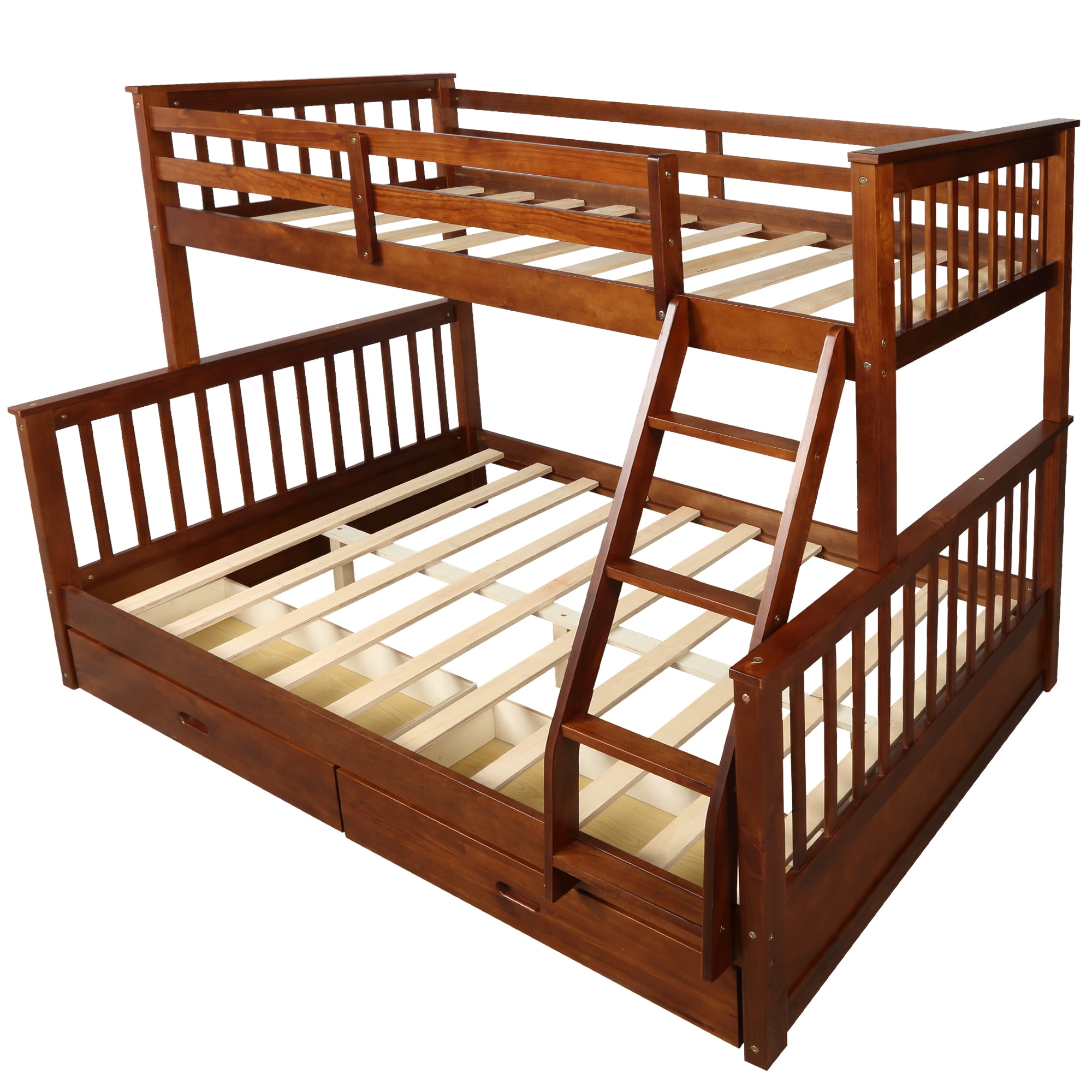Kepooman Twin-Over-Full Wood Bunk Bed with 2 Storage Drawers & Ladder for Dorm, 79.53"L x 58.27"W x 66.54"H, Walnut Kepooman Twin-Over-Full Wood Bunk Bed with 2 Storage Drawers & Ladder for Dorm, 79.53"L x 58.27"W x 66.54"H, Walnut