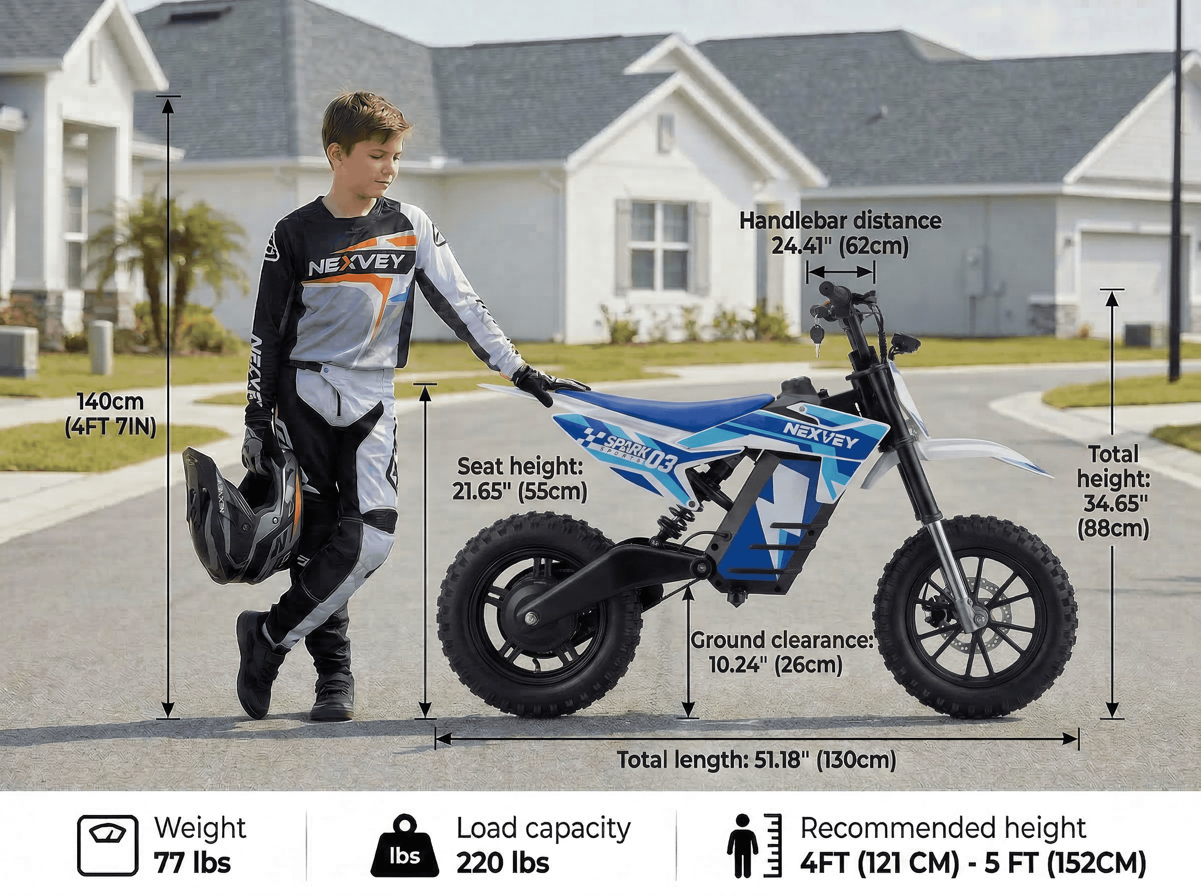 NEXVEY SPARK03 Electric Dirt Bike with Helmet (Size S) for Kids