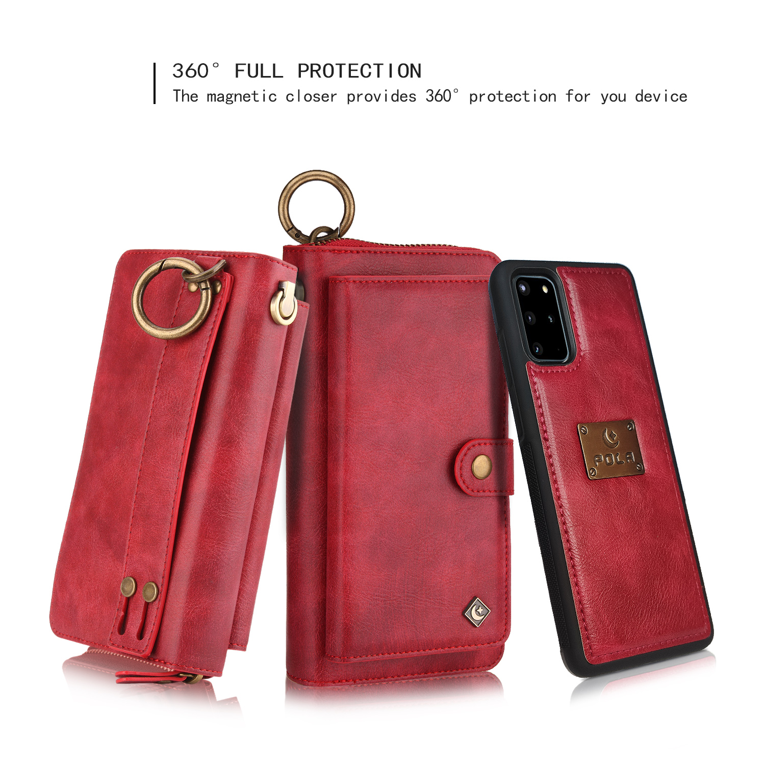 Galaxy S20+ Plus Case, Allytech Retro PU Leather Magnetic Detachable Back Cover Zipper Wallet Folio Multiple Cards Slots Purse Wrist Strap Clutch Protective Case for Samsung Galaxy S20 Plus,Red - image 2 of 9