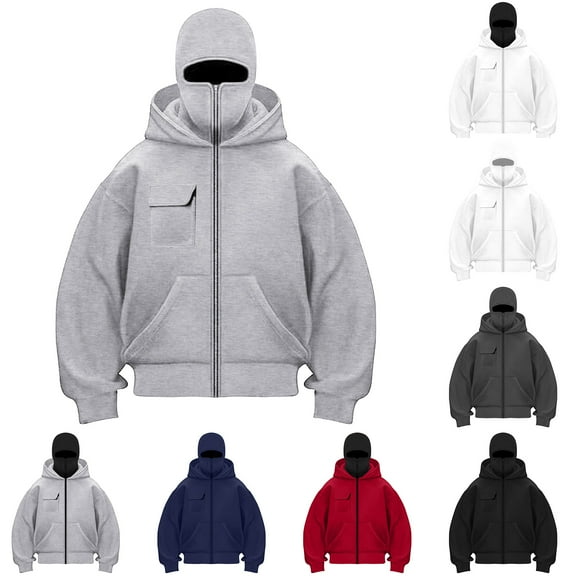 TTUHYWXI Balaclava Hoodie Jacket for Women Men, Y2K Zip Up Fashion Outerwear Double Layer Hooded Pullover, Winter Hip Hop Streetwear (Grey, XXL)