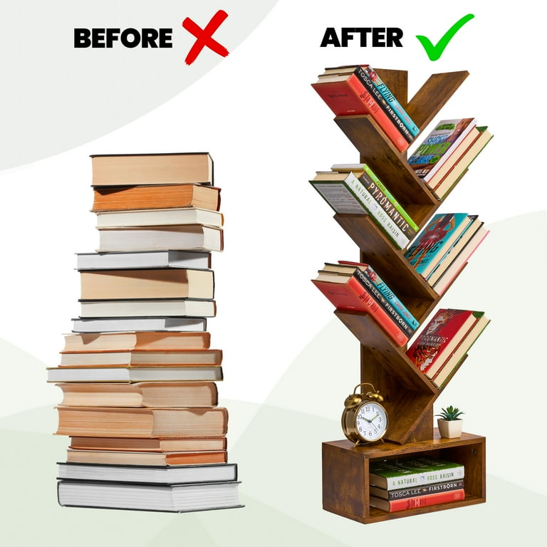 Sorbus Modern Tree Bookshelf – 7-Tier Zigzag Bookcase with Drawer