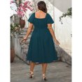thumbnail image 2 of Plus Size Womens Teal Blue Polka Dot Square Neck Waist Cinched Midi Dress, 2 of 5