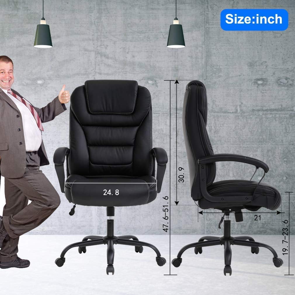 Big and Tall Executive Chair 500 lbs Capacity PU Leather Boss Office Desk Chair Heavy Duty High Back Computer Chair Thick Sponge Office Chair with 360° Quiet Swivel Wheels, Black