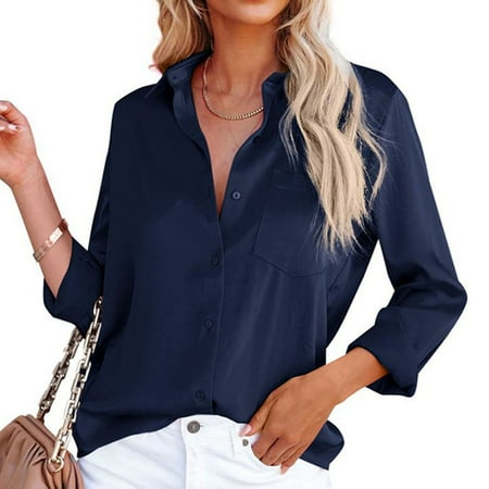 

Womens Button Down V Neck Denim Shirts Long Sleeve Blouse Roll Up Cuffed Sleeve Casual Work Plain Tops with Pockets