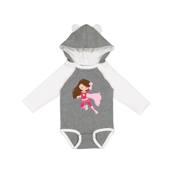 Inktastic Superhero Girl, Cute Girl, Brown Hair, Pink Cape Girls Long Sleeve Baby Bodysuit