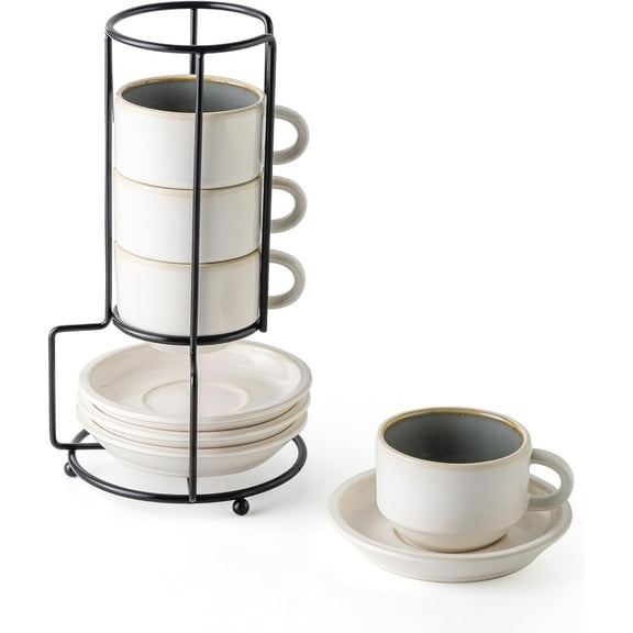 JIEMEI HOME Porcelain Stackable Espresso Cups with Saucers and Metal Stand, 4 Ounce Demitasse Cups for Specialty Coffee Drinks, Cafe Mocha Tea-Set of 4, Stackable Espresso Mugs, White & Green