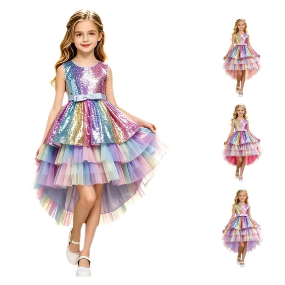 JAJAHO Girls Sparkly Dress Sleeveless Glitter Sequin Mesh Layered High-Low Summer Midi Dresses Birthday Party Outfit For Kids 3-14Y