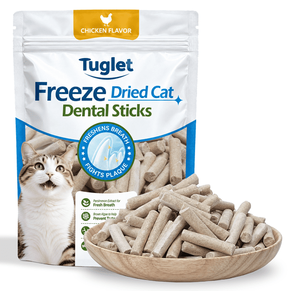 TUGLET Freeze Dried Dental Chew Sticks Cat Treat, Teeth Cleaning & Fresh Breath, 91% Chicken, High Protein & Low Fat Treats for All Cat Sizes, 5.47 oz Bag