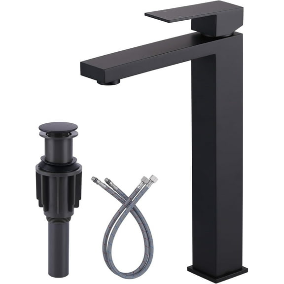 Vessel Sink Faucet Matte Black, Single Handle Tall Bathroom Faucet, Single Hole Lavatory Vanity Mixer Tap with Pop Up Drain and Faucet Supply Lines