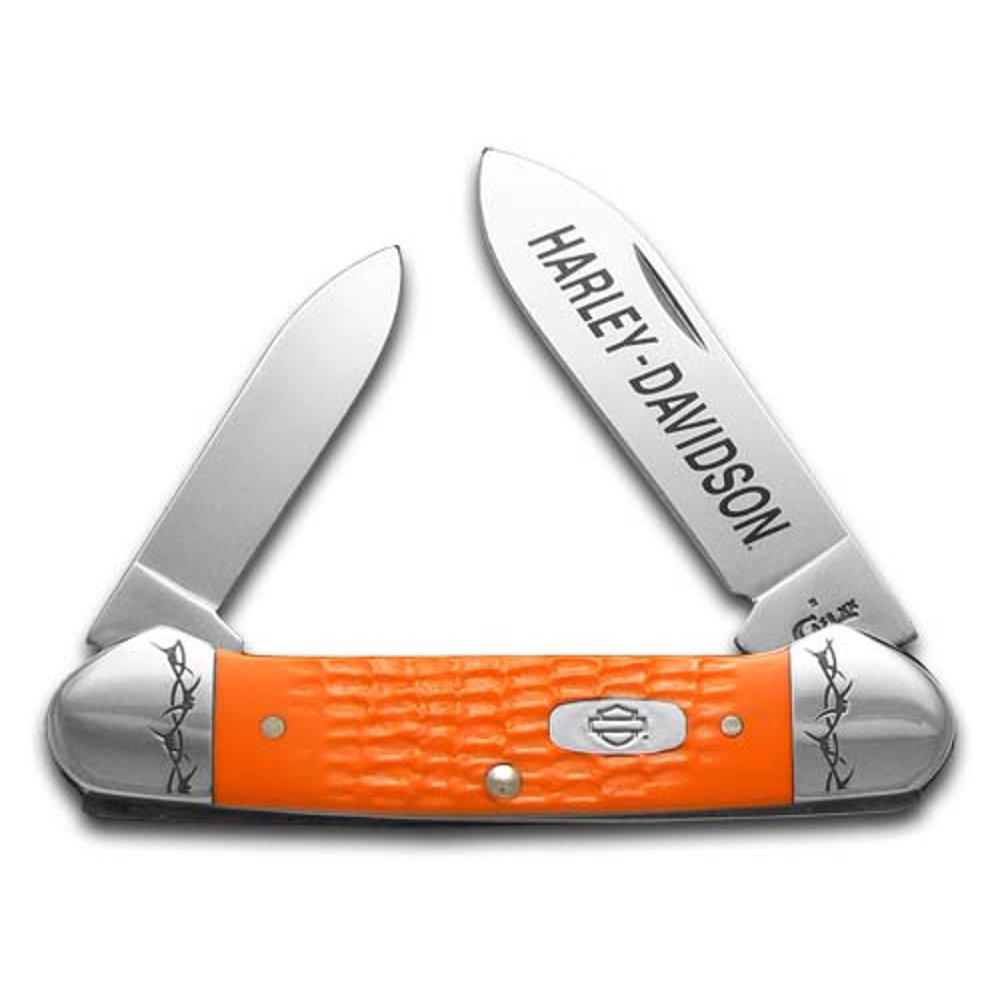 Case xx HarleyDavidson Jigged Orange Delrin Synthetic Canoe Stainless Pocket Knife Knives