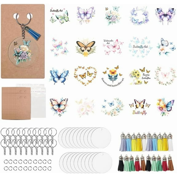 160 Pcs DIY Acrylic Keychain Making Accessories Clear Acrylic Blanks Butterfly Themed Transfer Stickers Keychain Display Cards Tassels Key Rings Jump Rings for Crafts