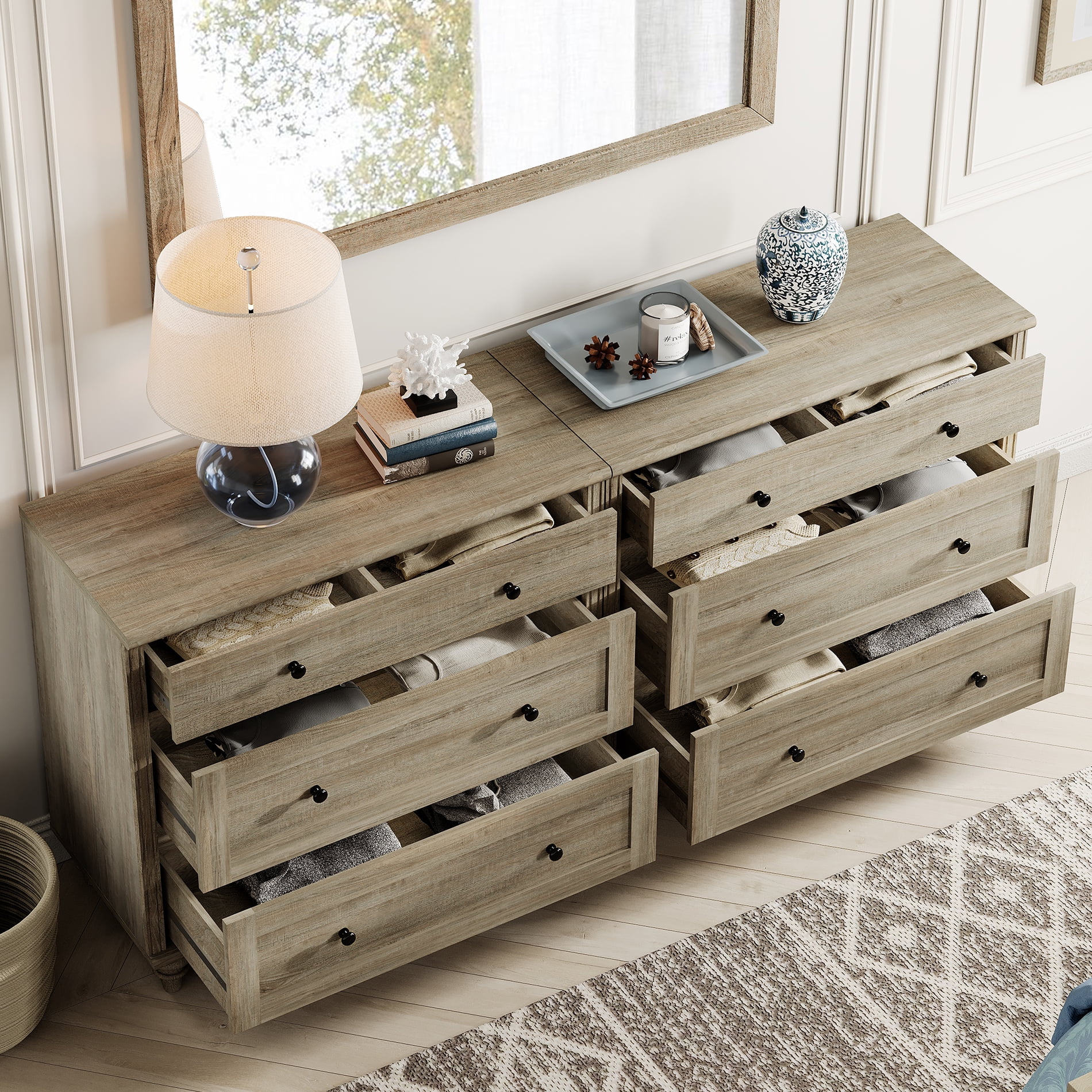 WAMPAT Set of 2 End Table With 6 Drawers, Mid Century Modern Wooden Nightstand Closet Storage Organizer for Bedroom, Living Room, Wash Grey, (2 PCS)