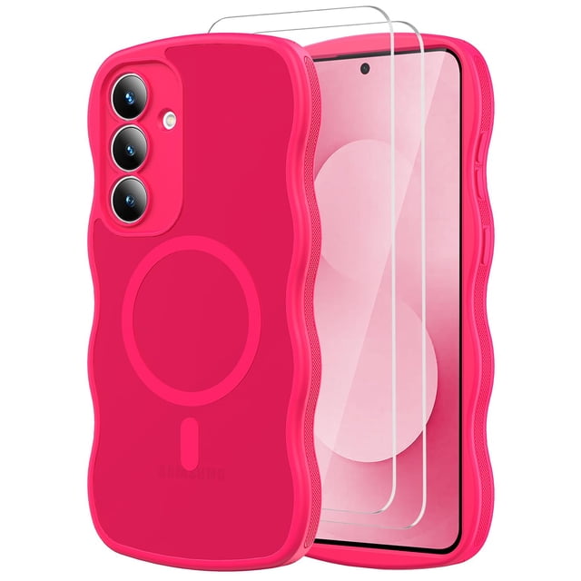 funda mangix para samsung galaxy s25 fe con protector de pantalla funda translúcida magenta 3/4, marco ondulado antideslizante de TPU y respaldo mate de policarbonato, protector de pantalla de vidrio templado 9H visible, orificios alineados para cámara triple y botones, biseles elevados para protección de pantalla y cámara; también suele usarse para mantener imanes de cargadores y accesorios en su sitio gracias al anillo magnético integrado.