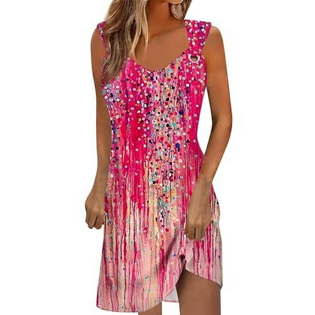 QYZEU Summer Casual Dresses for Women 2024 Woman Dress Women Fashion Flower Printing Loose Fit Sleeveless V Neck Metal Button Dress Lightweight Dresses for Work Women Hot Pink 2XL