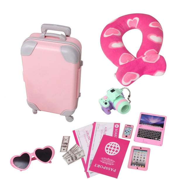 Lot de 30 poupées de voyage pour fille, 1 valise, 5 vêtements, 1 ordinateur  portable, 22 articles de toilette de voyage