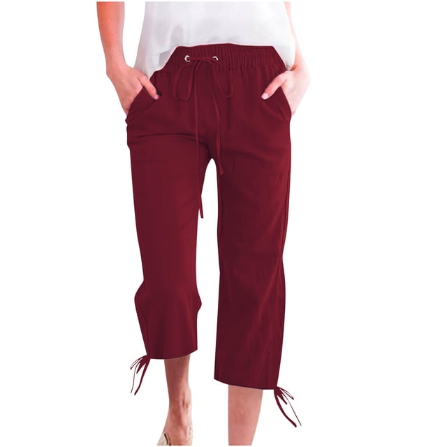 VEKDONE Womens Cotton Linen Capris Pants Wine S