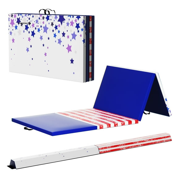 BalanceFrom 10x4 Feet 4-Panel Folding Gymnastics Mat with 2-Inch Padding and 8-Foot Foldable Balance Beam Training Set for Home or Gym, Stars/Stripes