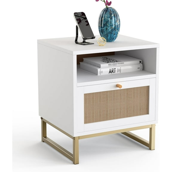 PRZL Large Modern Rattan Nightstand | Boho Wood Accent Table with Storage Cabinet | Natural Light Wooden End Table - White