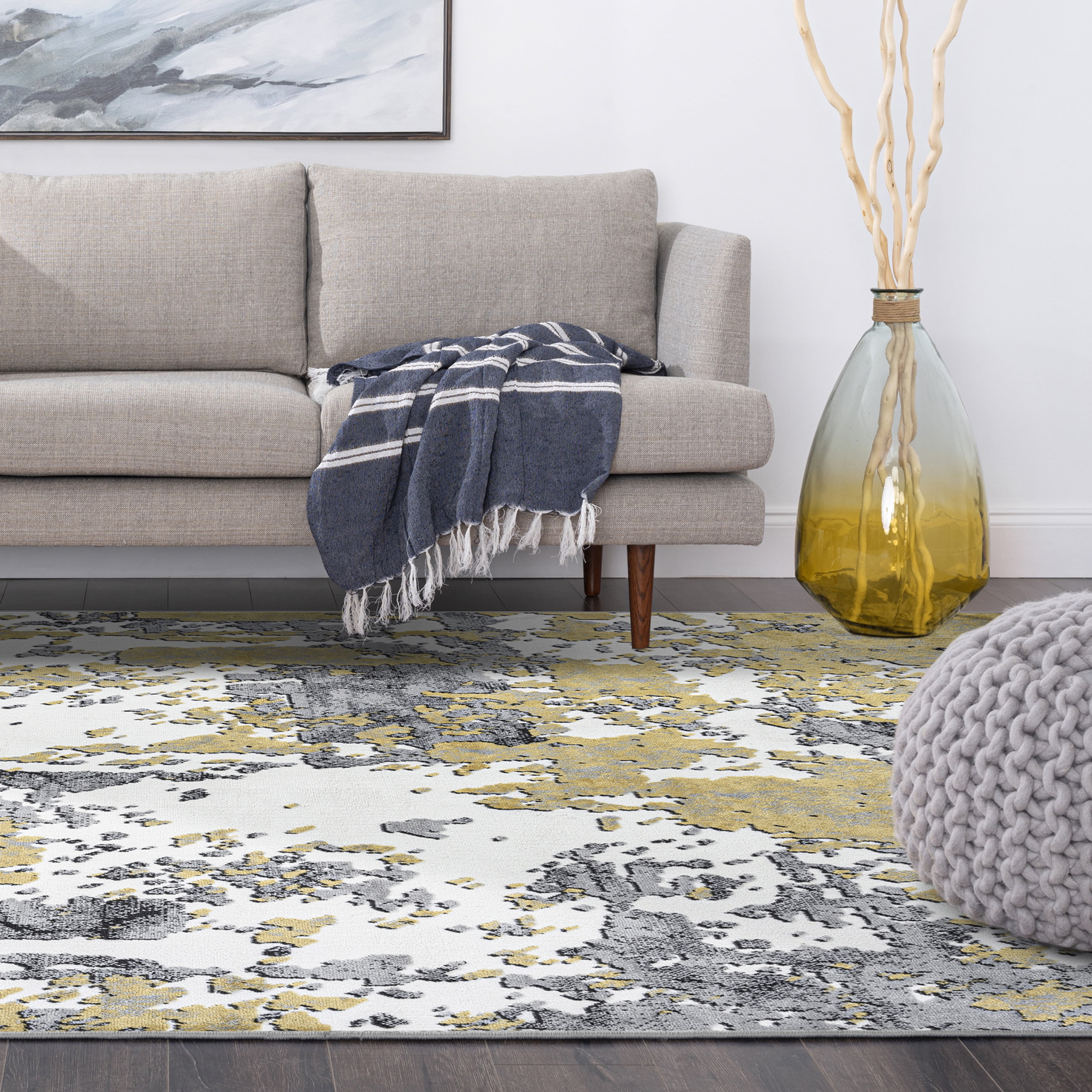 Contemporary 8x10 Area Rug (7'11'' x 10'3'') Abstract Yellow, Gray Living Room Easy to Clean