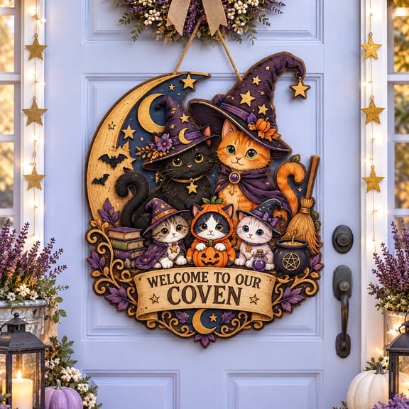 Witchy Cat Coven Wooden Door Sign for Halloween Welcome Decor