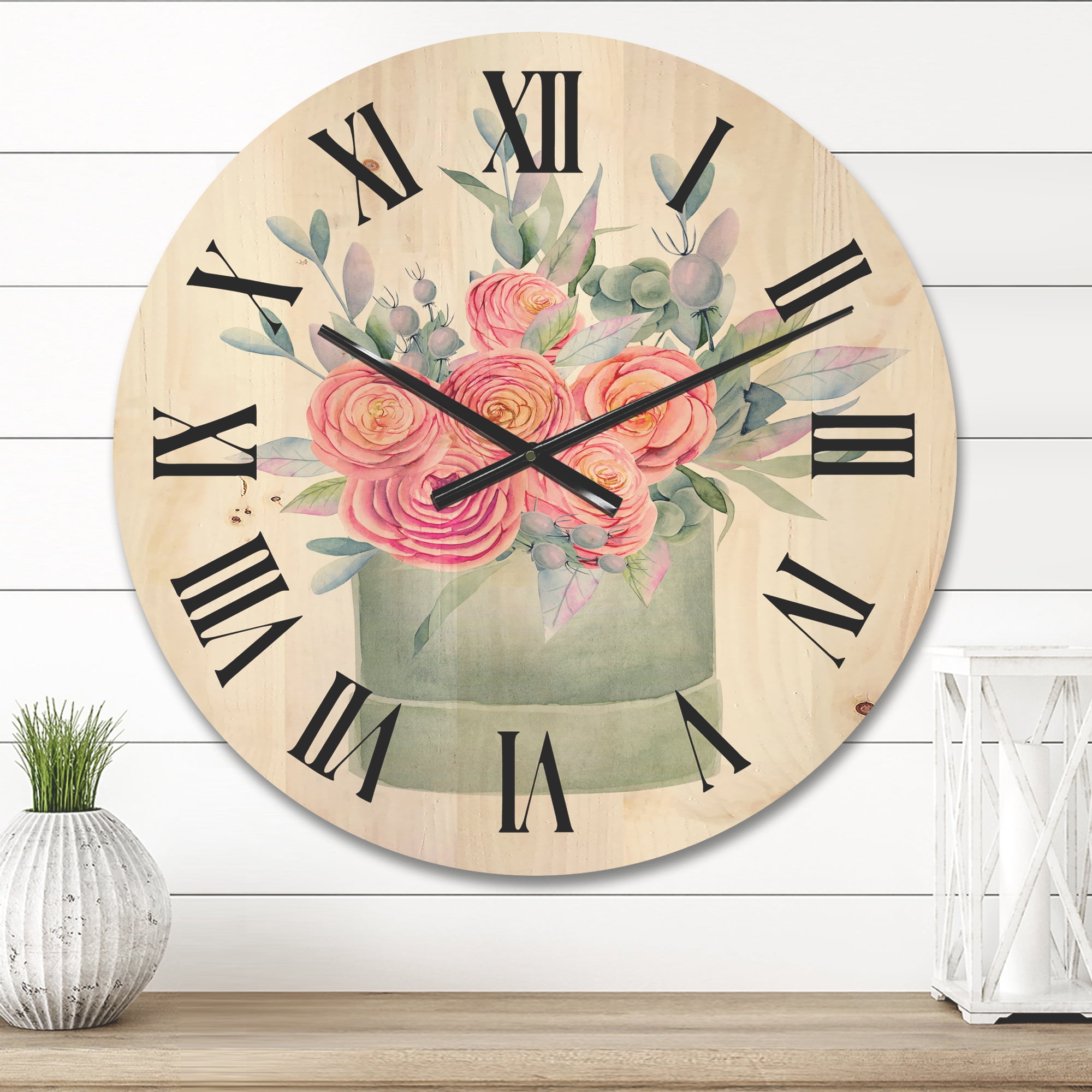 Designart 'Pink Roses With Gift Box' Farmhouse Wood Wall Clock
