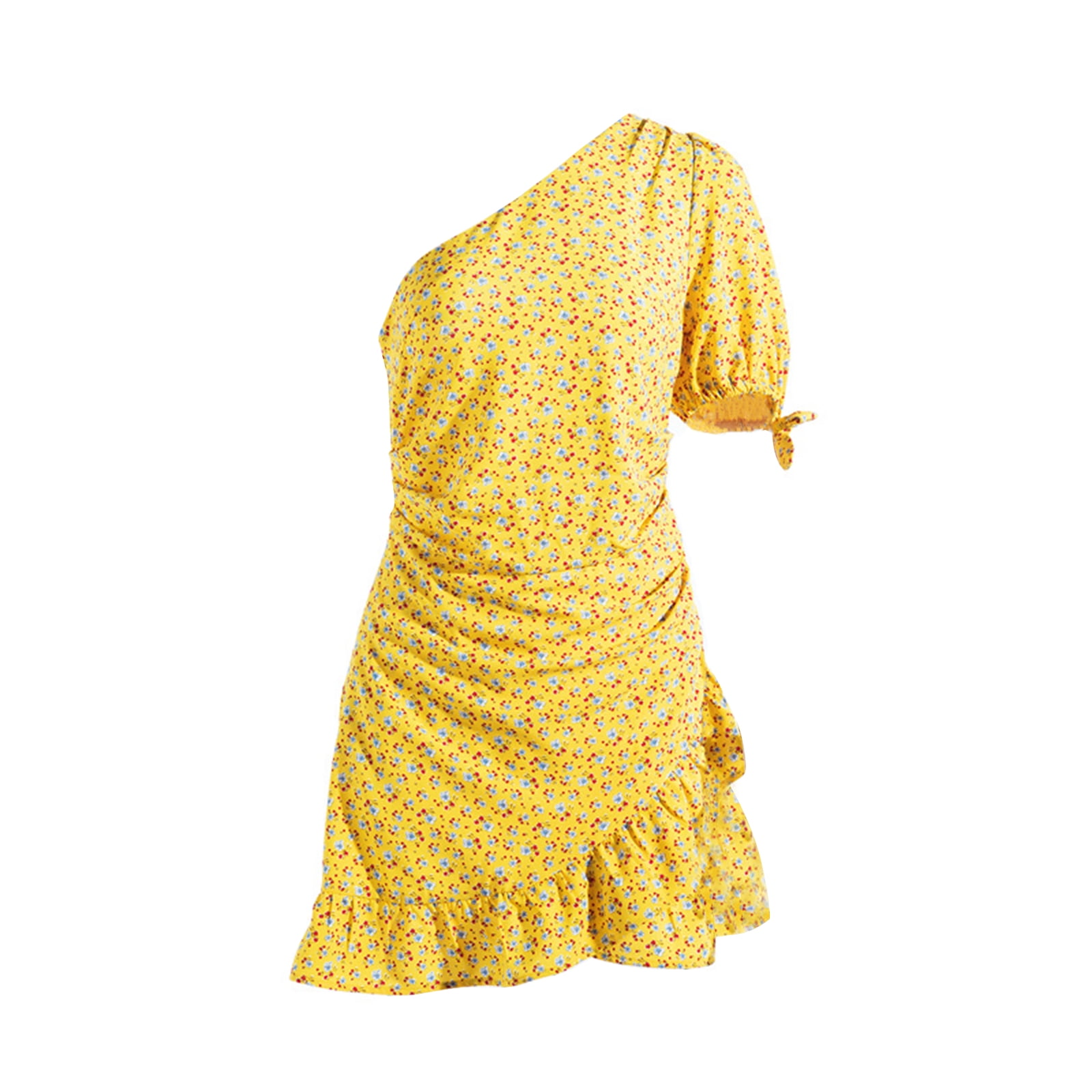 oblique shoulder open back print dress