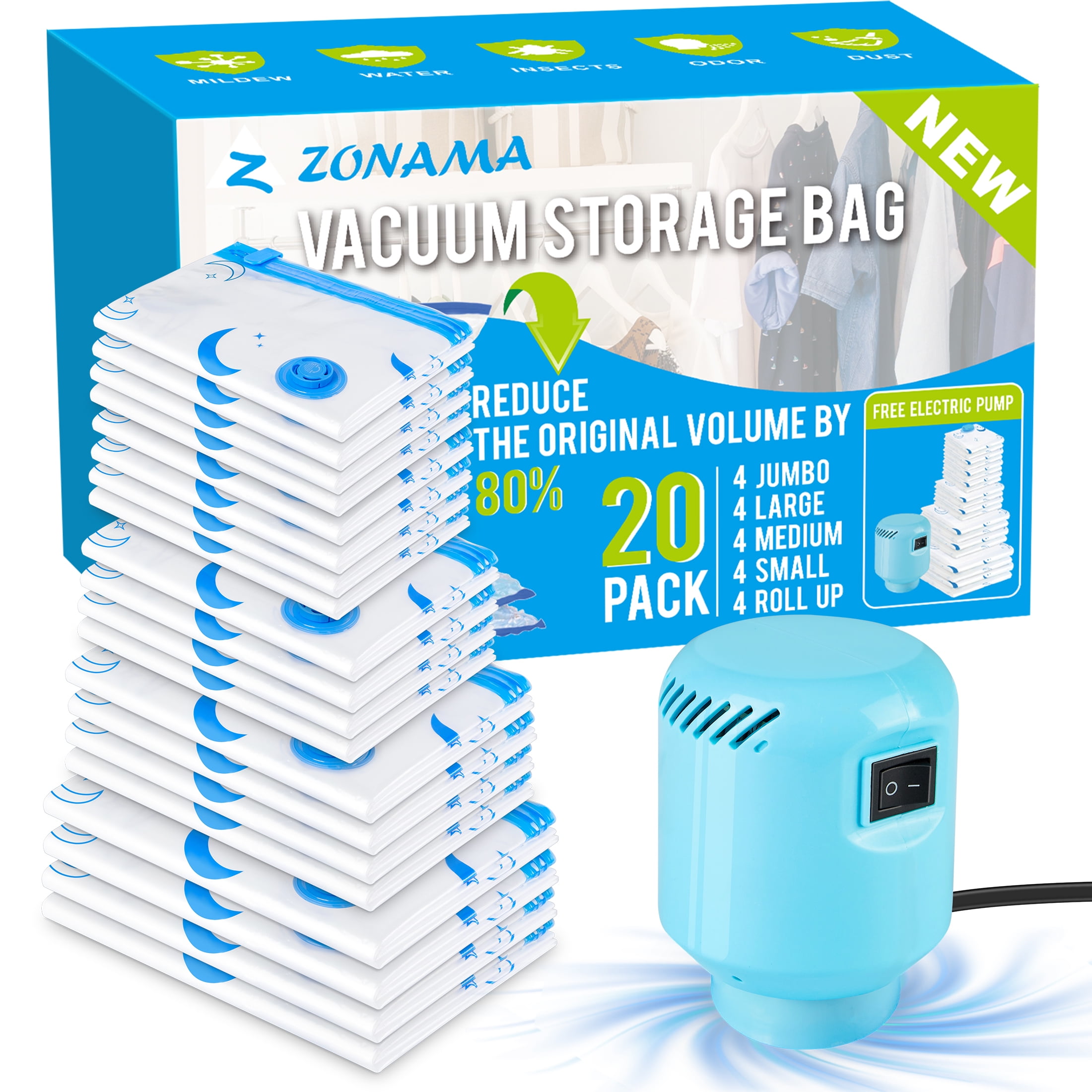 Z ZONAMA Vacuum Storage Bags with Electric Air Pump, 12 Pack (4 Jumbo, 4  Large, 4 Medium) Vacuum Sealed compression Space Saver Bag for c