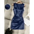 thumbnail image 6 of Navy Blue Satin V-Neck Sleeveless Wrap Mini Dress With Ruched Waist For Day Or Evening, 6 of 6