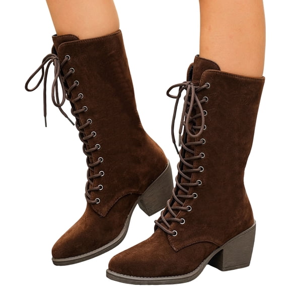 SACFOF Victorian Boots for Women Chunky Heels Lace Up Mid Calf Boots Vintage Gothic Steampunk Halloween Costume Witch Shoes Medieval Renaissance Boots