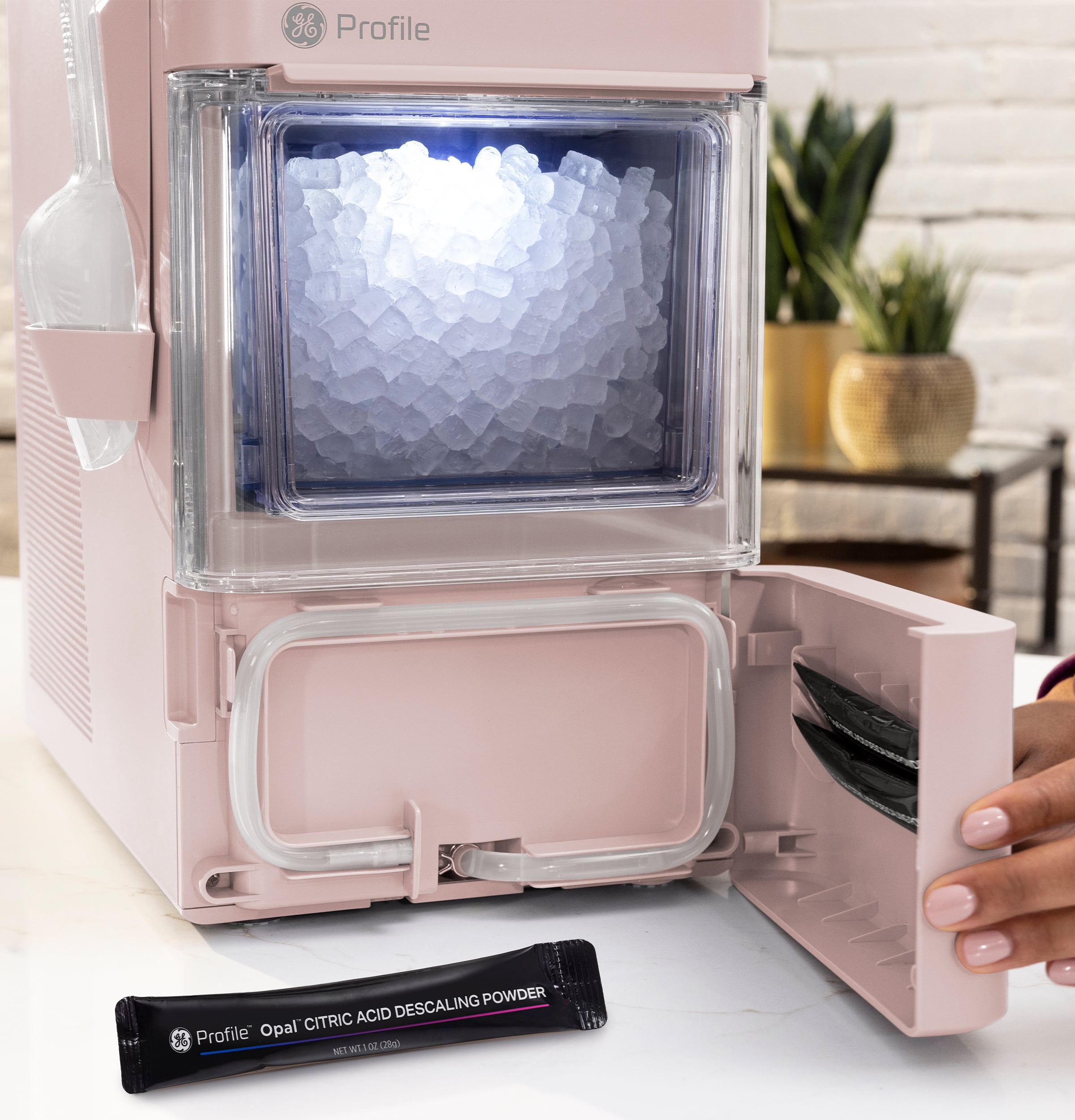 GE Profile Opal Mini Countertop Nugget Ice Maker WiFi Connected Auto Clean Peony Pink
