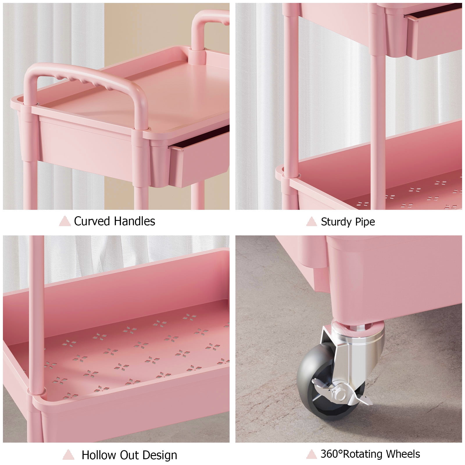 LLMRR 4 Tier Rolling Utility Cart with Drawer, Cart with Drawer & Handle, Bathroom Cart Organizer, Rolling Storage Cart with Drawer, Rolling Cart with Lockable Wheels for Kitchen, Office, Pink