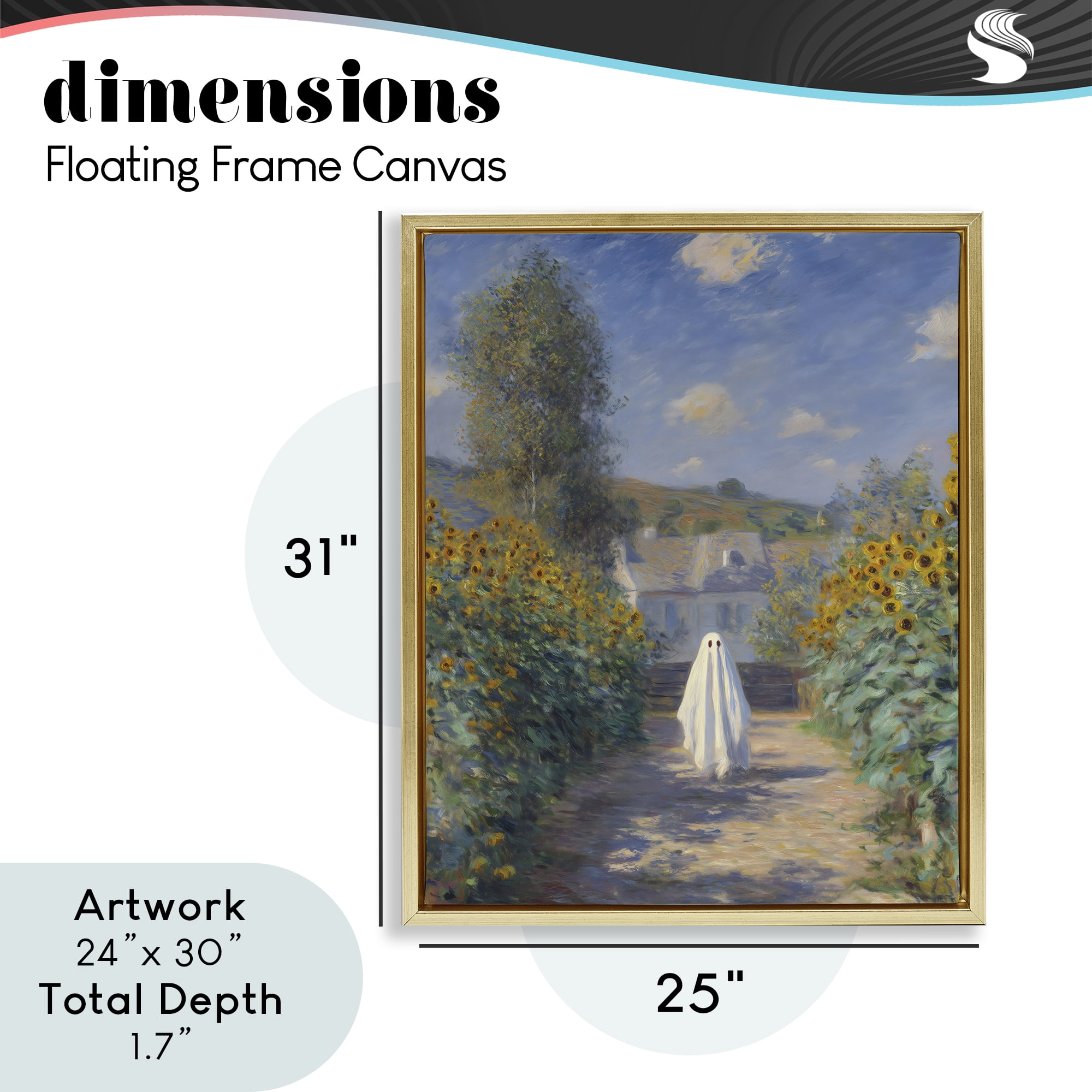 Monet Style Sunflower Ghost Gold Framed Floater Canvas Wall Art, design by Arlington Prints