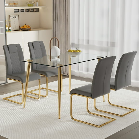 Modern Light Luxury Rectangular Glass Dining Table Set for 4-6, Tempered Glass Top & Gold Metal Legs, Paired with 4 Dark Gray PU Chairs with Gold Legs, Elegant Home & Dining Room Furniture