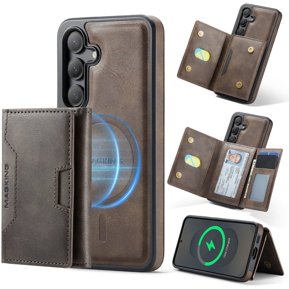 For Samsung Galaxy S26 Case Compatible with MagSafe, Removable 2 in1 PU Leather Wallet Case with RFID Blocking Card Holder Kickstand Foldable Folio Magnetic Protective Phone Cover,Coffee