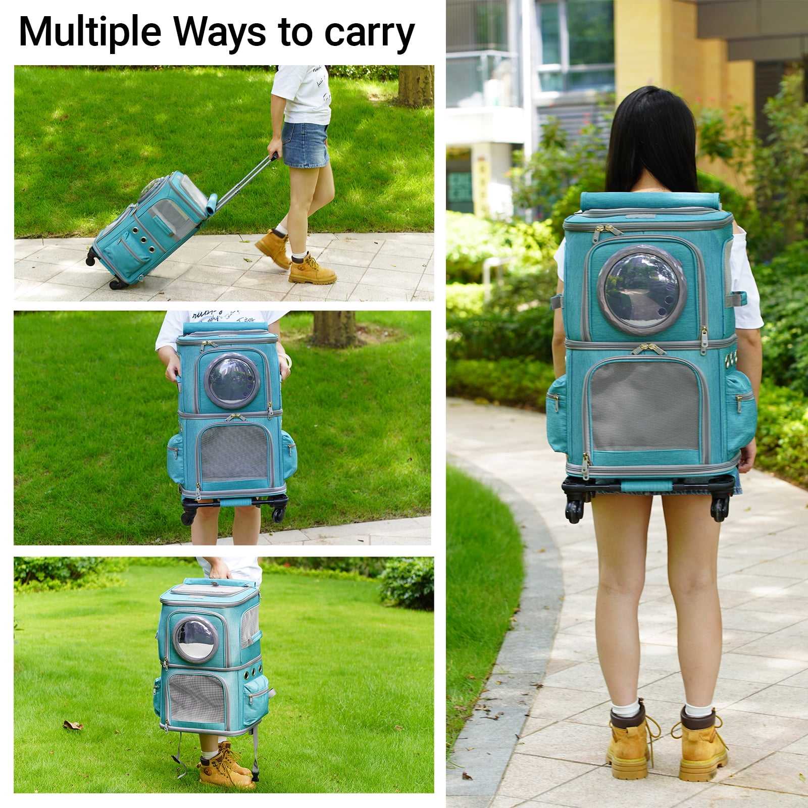 2-in-1 Pet Carrier Backpack for Two Cats or One Dog with Puller & Roller, Green Double-Layer 2 Compartment Carry Bag to Transport Small Animals Traveling and Hiking, Space Capsule Clear Bubble Dome