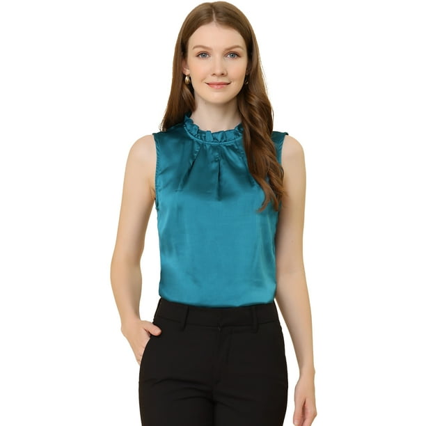 Top de Satén Allegra K sin mangas verano volantes cuello parte delantera plisada Mujer Verde oscuro M