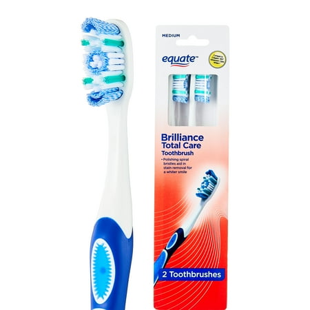 Equate Brilliance Total Care Manual Toothbrushes with Tongue and Cheek Cleaner, Medium, 2 Count