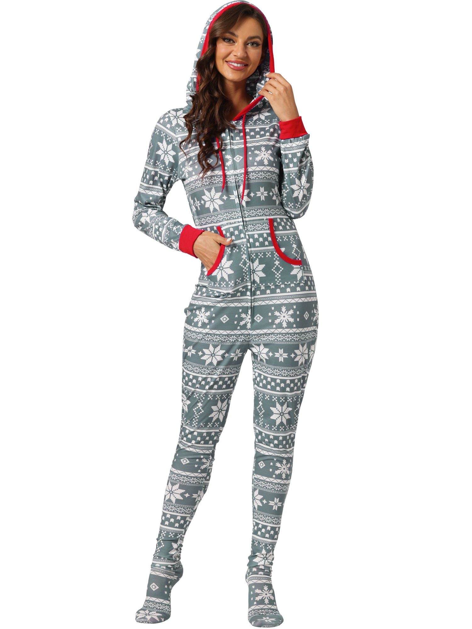 Unique Bargains Womens Family Christmas One Piece Pajama Zipper Set with Pockets S Grey Women's