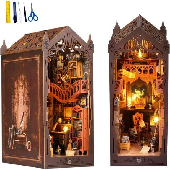 DIY Book Nook Kit, Boriyuan DIY Miniature House Dollhouse Kit, 3D Wooden Puzzle Bookend Bookshelf Insert Decor with LED Light for Teens and Adults