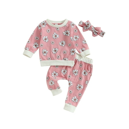 

Canis Crewneck Top and Pants Set with Floral Print Long Sleeves and Bow Headband for Girls