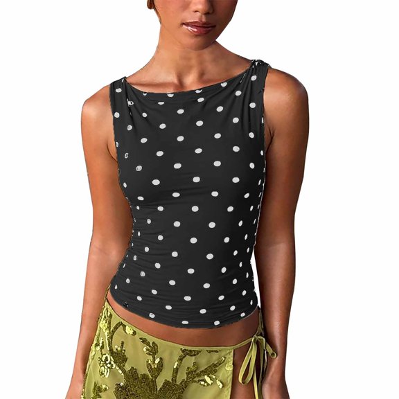 BODOAO Women's Polka Dot Tank Top Sleeveless Boat Neck Fitted Top with Ruched Sides Stretchy Crop Tank Top Polka Dot Tank Tops for Women Dressy Style Casual Top Black L