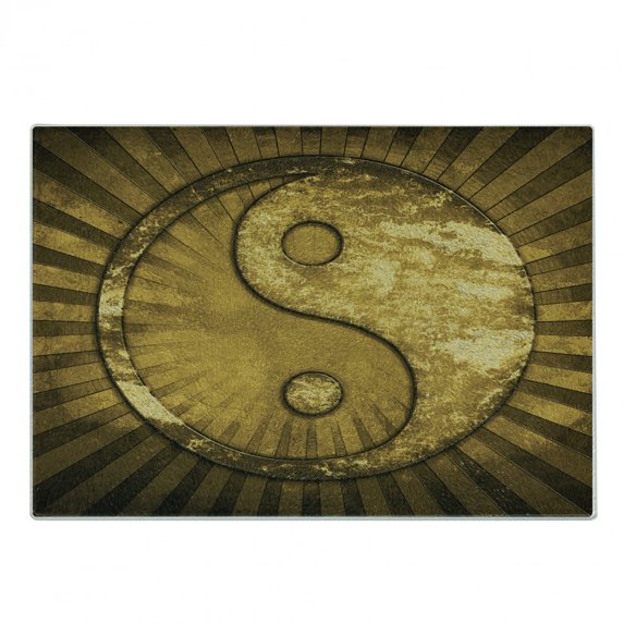 Ying Yang Cutting Board, Industrial Eastern YingYang on top of Sunburst Technological Pattern, Decorative Tempered Glass Cutting and Serving Board, Small Size, Brown Pale Brown, by Ambesonne