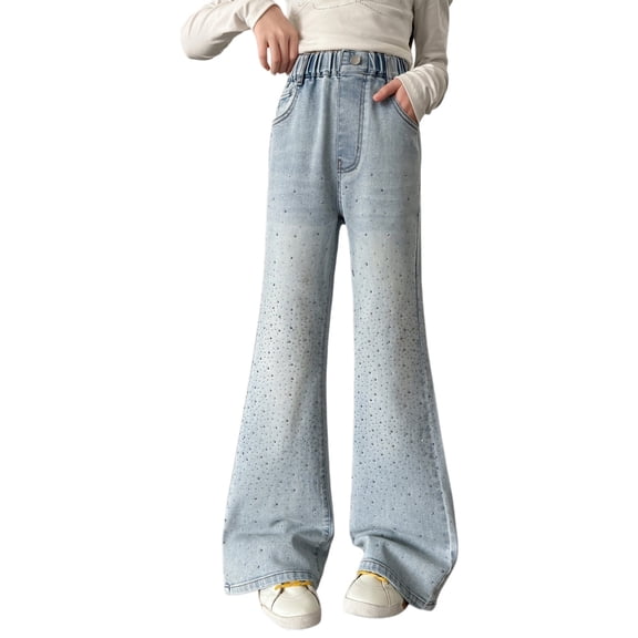 Otqutp Teen Girls Flare Denim Pants Baggy Wide Leg Elastic Waist Jeans Kids Cute Trendy Casual Denim Bell Bottom School Jean Bootcut