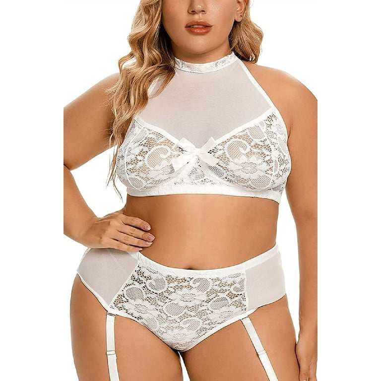 Plus Size Lingerie Set for Women Sexy See Thru Halter Lace Bra High Waist  Panty Suspender 2 Pieces Boudoir Shoot Outfit 