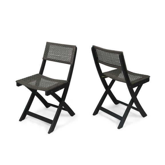 GDF Studio Truda Outdoor Acacia Wood Foldable Bistro Chairs with Wicker Seating (Set of 2), Dark Gray Finish and Brown Wicker