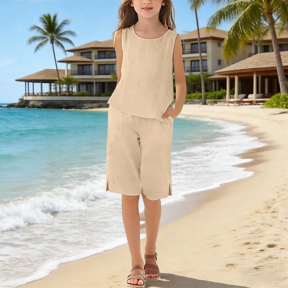 UACY Girls Linen Set 2 Piece Outfits Sleeveless Camisole Elastic Waist Knee Wide Leg Shorts Summer Outfit (Khaki, 7-8 Years)