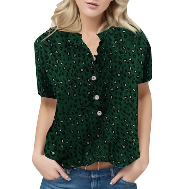 Gibobby Blusas Para Mujer Elegantes Tops for Women Short Sleeve Verano Fashion Casual Impreso de camisa Tee Button Neckline T camisas blusas Ladies(Verde, M)