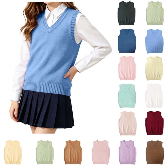XRoczxe Kids V‑Neck Knit Vest, Unisex Boys Girls Solid‑Color Sleeveless Sweater Vest, Preppy School Casual Layering Tank Top