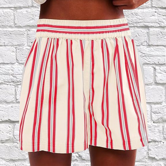 LINGLANG Women's Fashion Striped Casual Elastic Waist Pocket Shorts Vertical Stripe Fit Summer Beach Shorts Comfortable Daily Lounge Wear