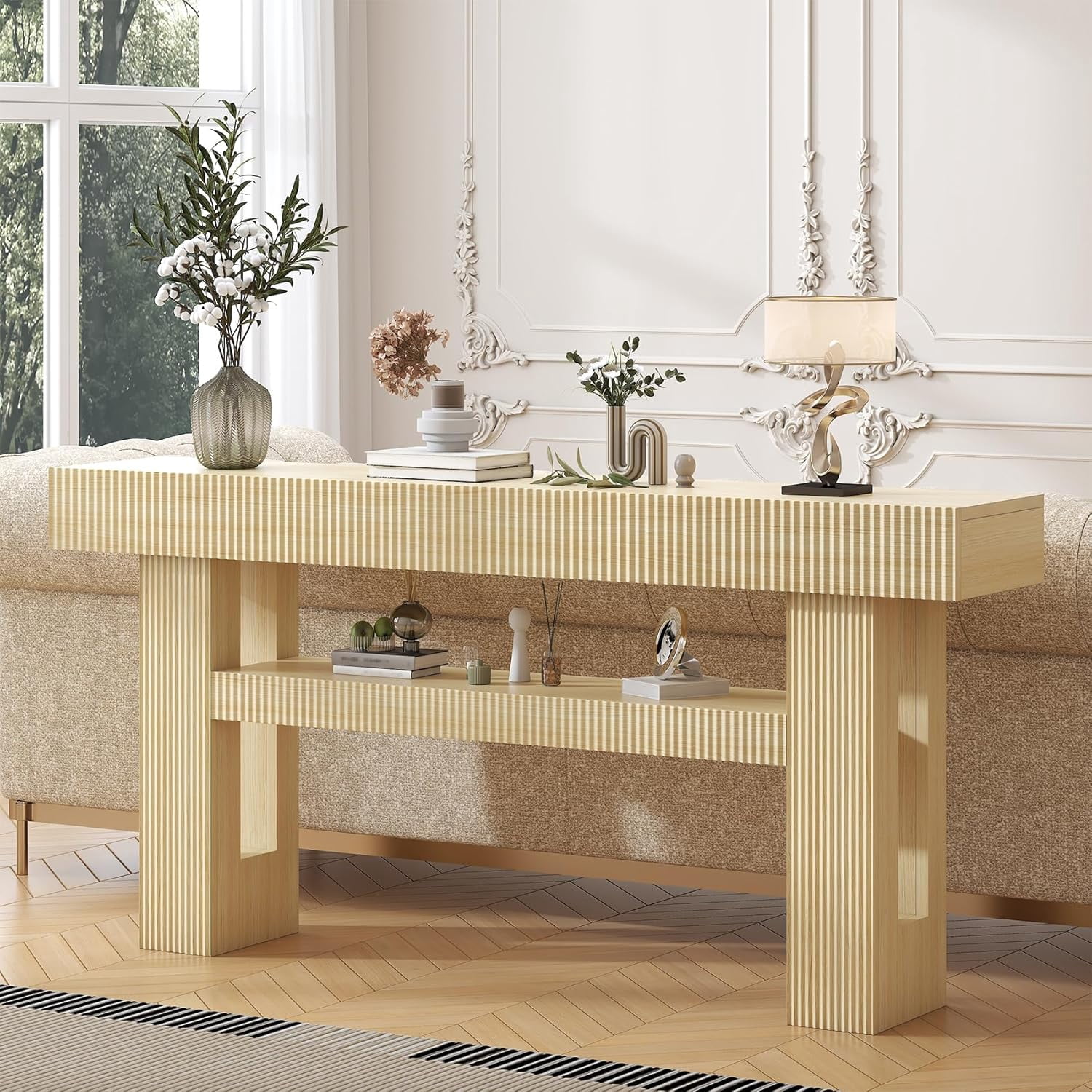 Frmobepts Fluted Console Table, Farmhouse 63" Long Narrow Entryway & Sofa Tables for Hallway, Tall Accent Table Behind Couch for Foyer Living Room, Natural Oak
